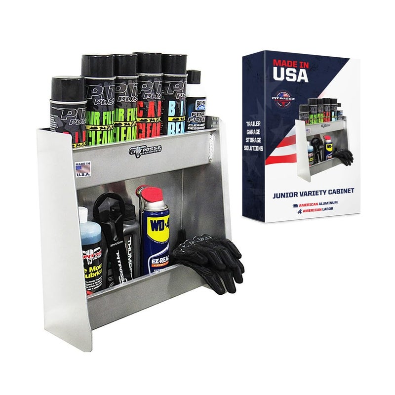 Pit Posse 604 Junior Variety Shelf Storage Cabinet Organizer Enclosed Cargo Race Trailer Shop Garage - Made in USA - Aluminum Cabinet Stores 6 Oil Quarts and 6 Aerosol Cans - 5 Year Warranty - Image 1